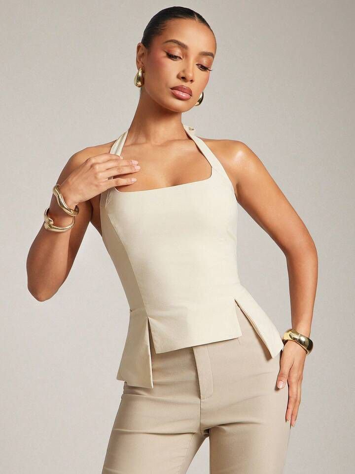 Beige Neck Tie Stretch Top