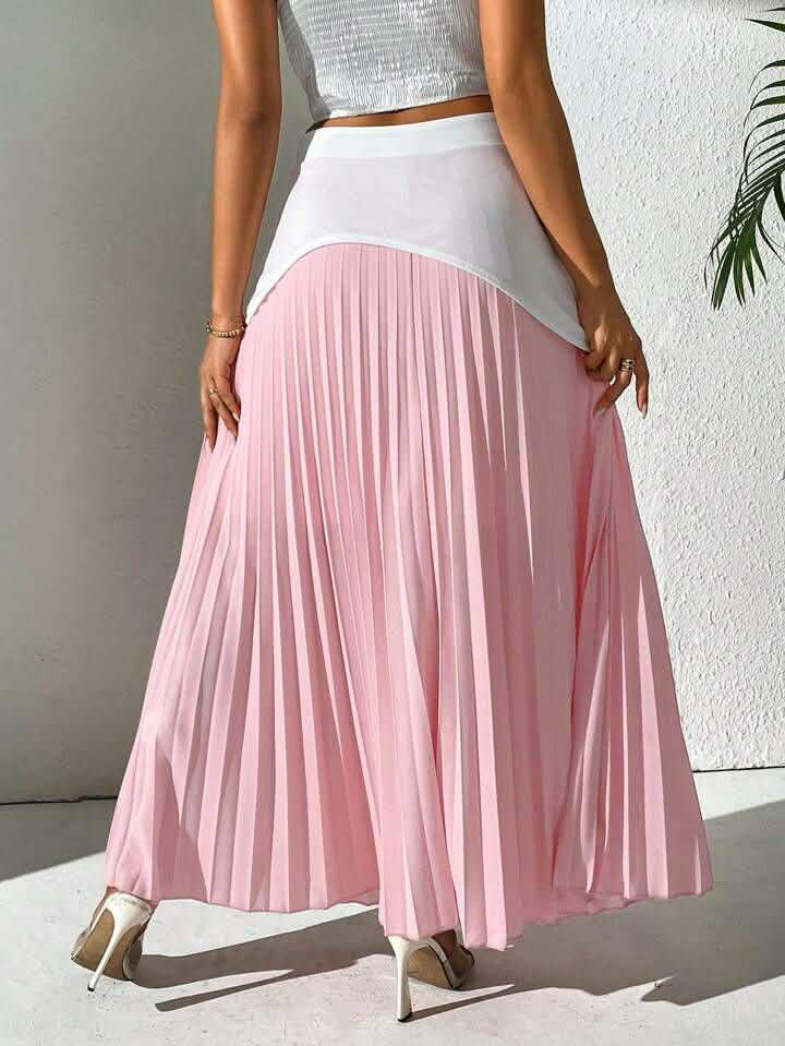 Pink White Hem Pleated Skirt