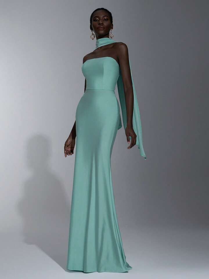 Mermaid Tail Plain Neck Drape Dress