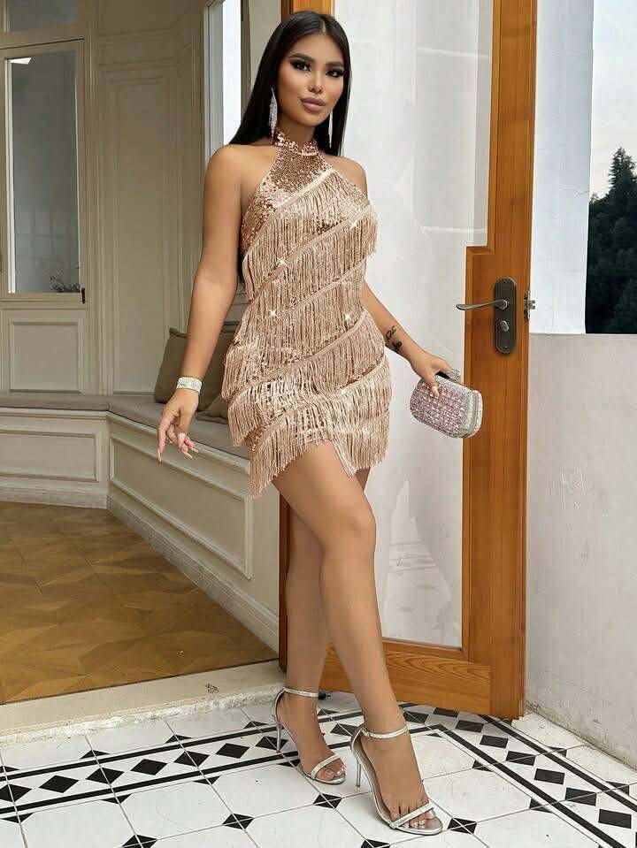 Beige Golden Fringed Halter Neck Dress