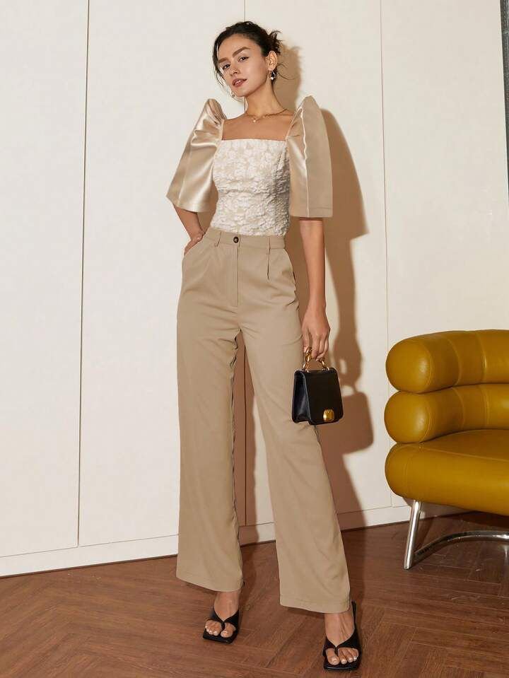 Jacquard Satin Puffed Sleeves Top