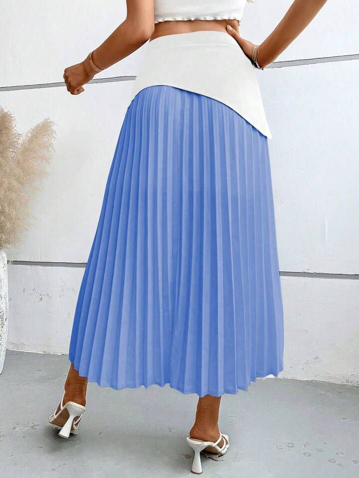 Blue White Hem Pleated Skirt