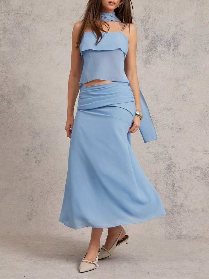 Double Layer Cami Top And Skirt Cord-Set