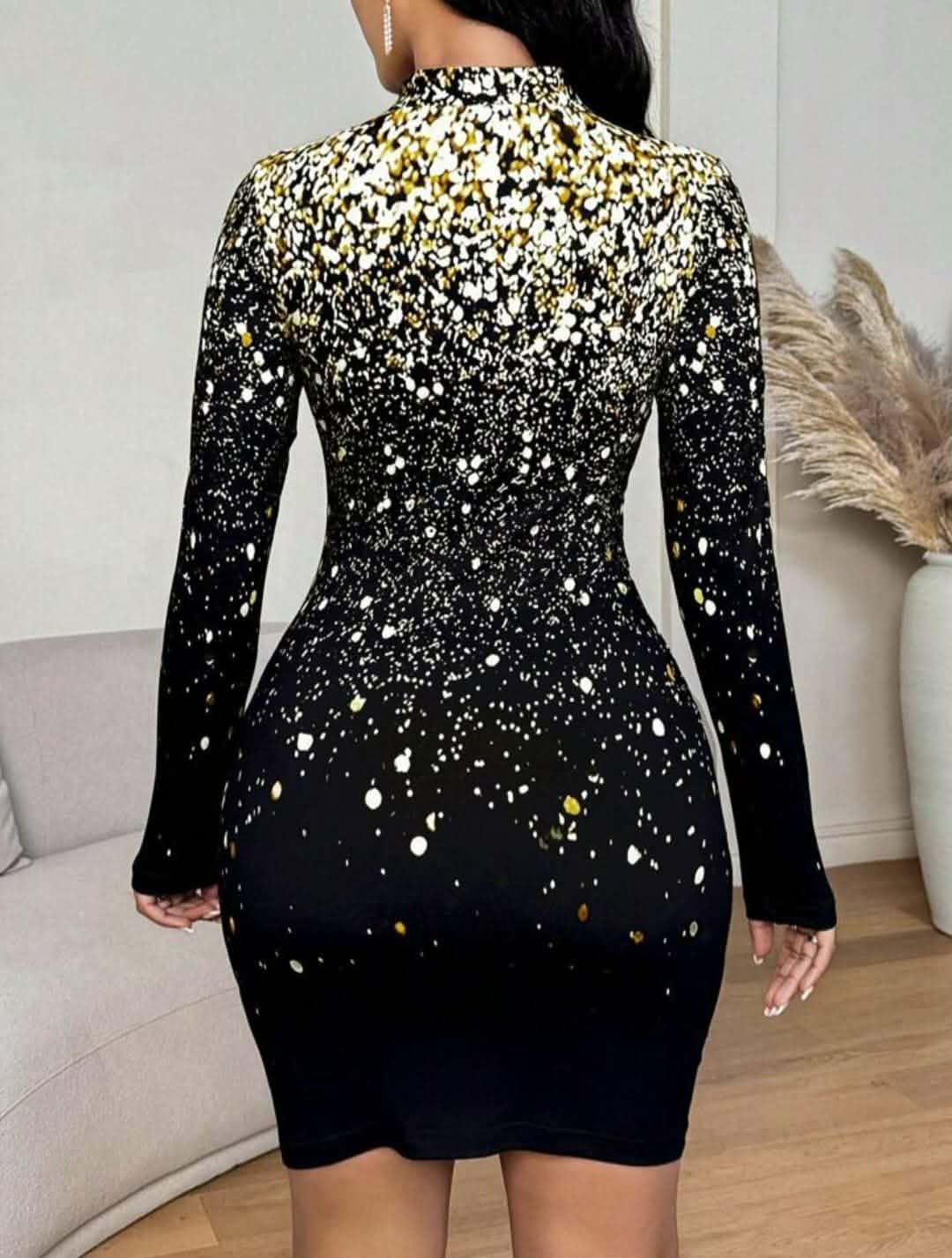 V- Neck Glitter Print Fitted Dress