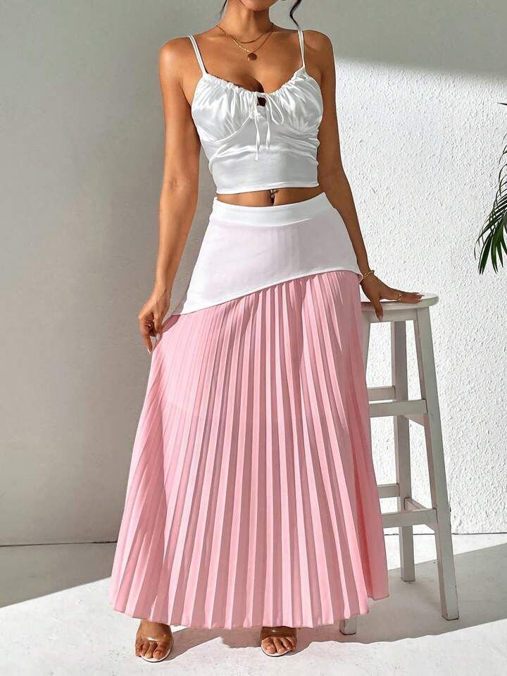 Pink White Hem Pleated Skirt