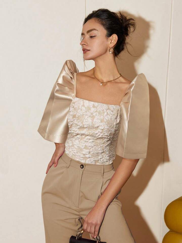 Jacquard Satin Puffed Sleeves Top
