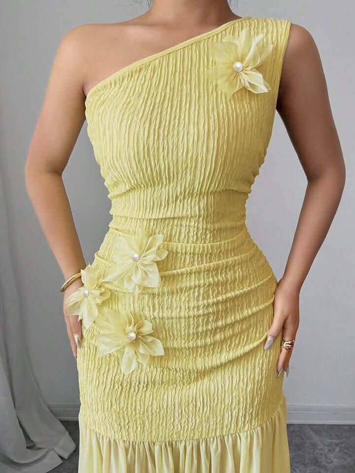 Yellow Floral One Shoulder Dress