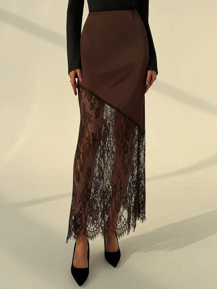 Brown Satin Lace Net Skirt