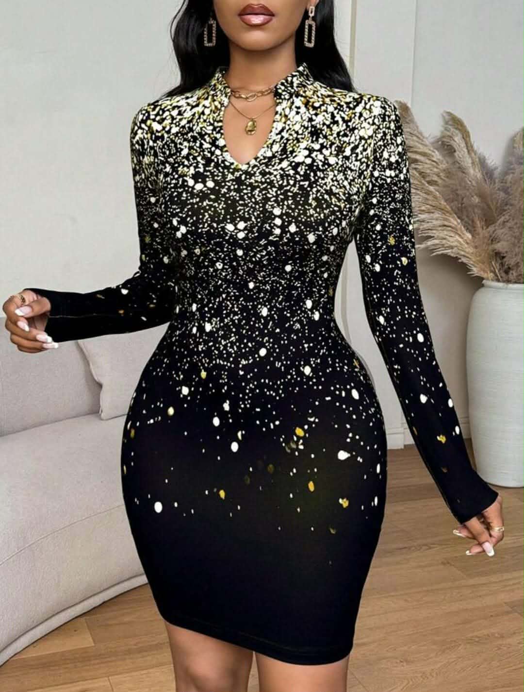 V- Neck Glitter Print Fitted Dress
