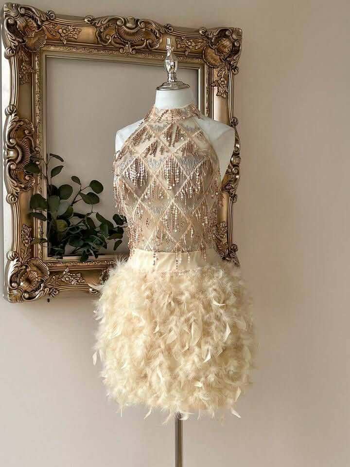 Champagne Sequined Feather Dress