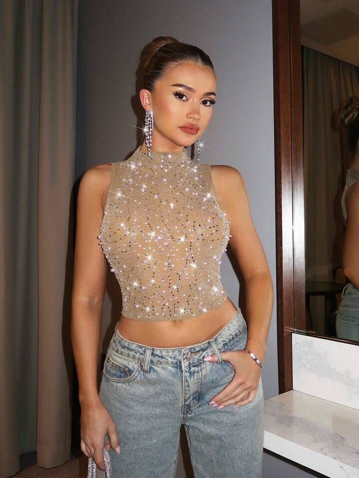 High Neck Rhinestone Embellished Top