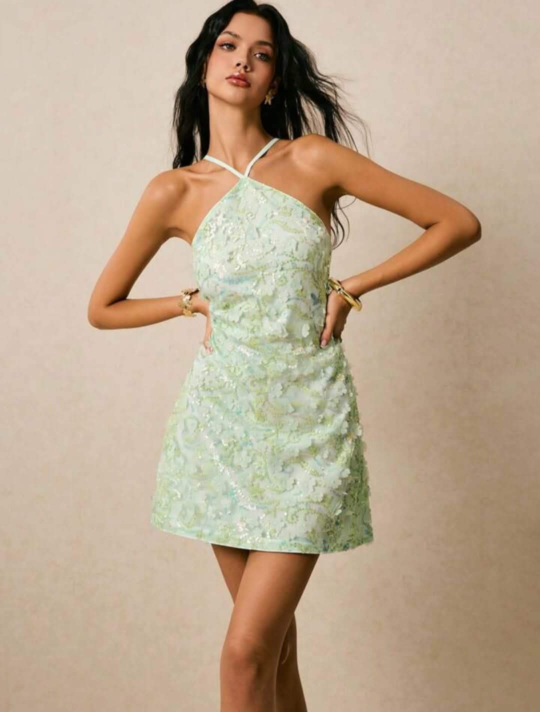 Sequin Embroidery Halter Dress