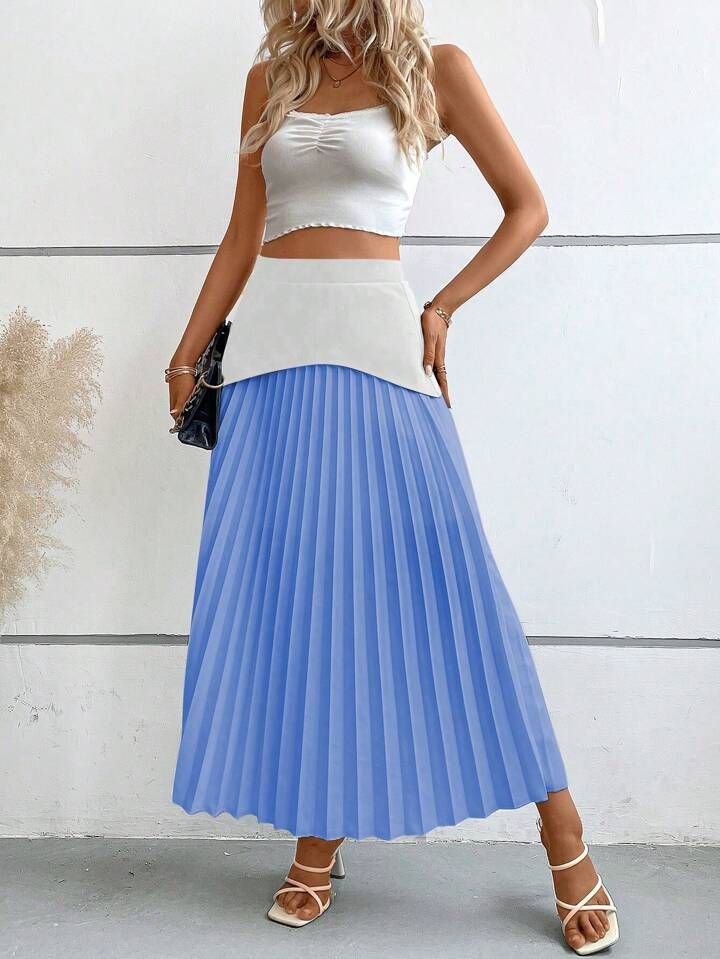 Blue White Hem Pleated Skirt