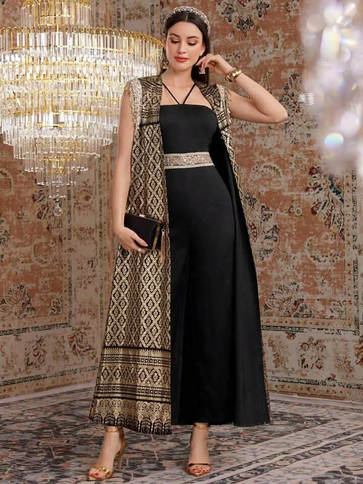 Jumpsuit With Vintage Printed Sequin Fringe Jacket