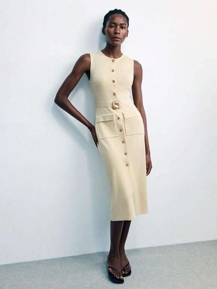 Beige Ruched Gold Belt Dress