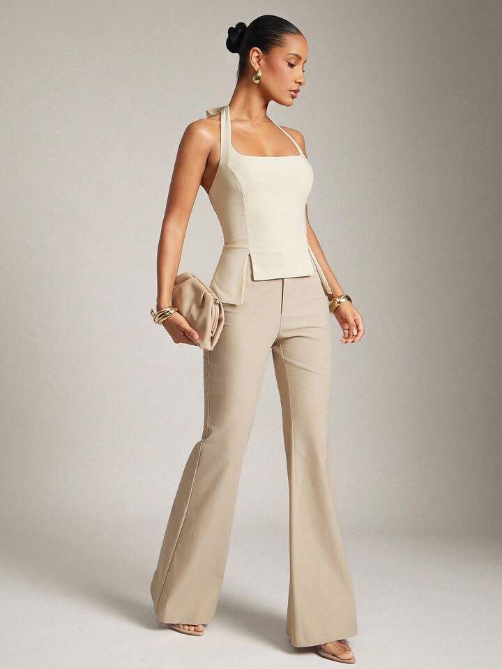 Beige Neck Tie Stretch Top