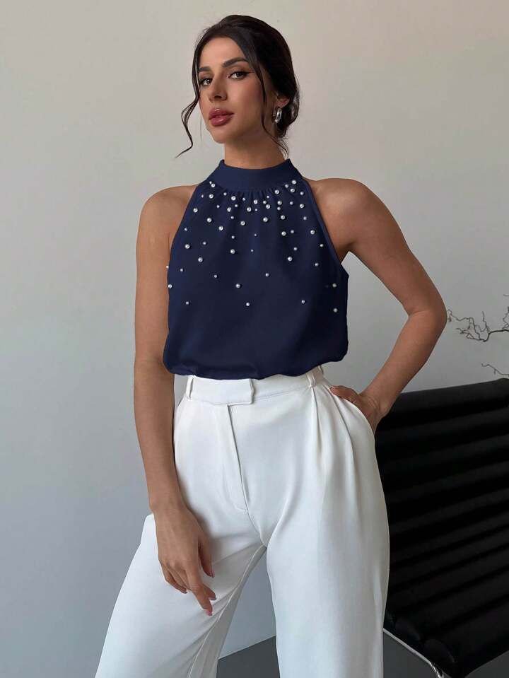 Blue Halter Neck  Peak Decor Top
