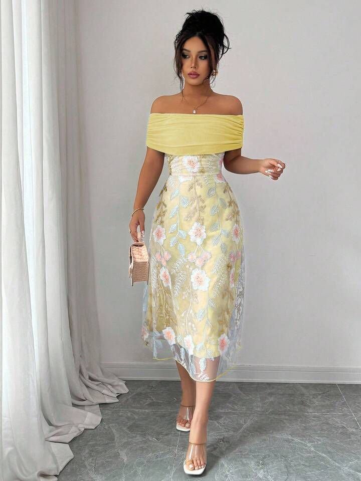 Yellow Floral Ruched Off Shoulder Dress