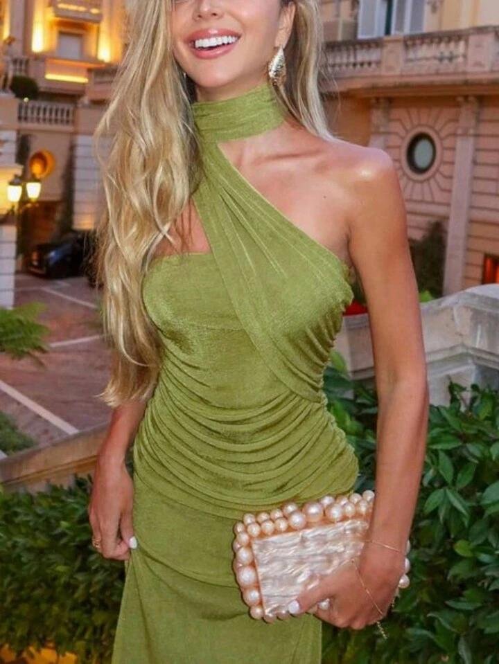 Green Ruched Neck Wrap Bodycon Dress