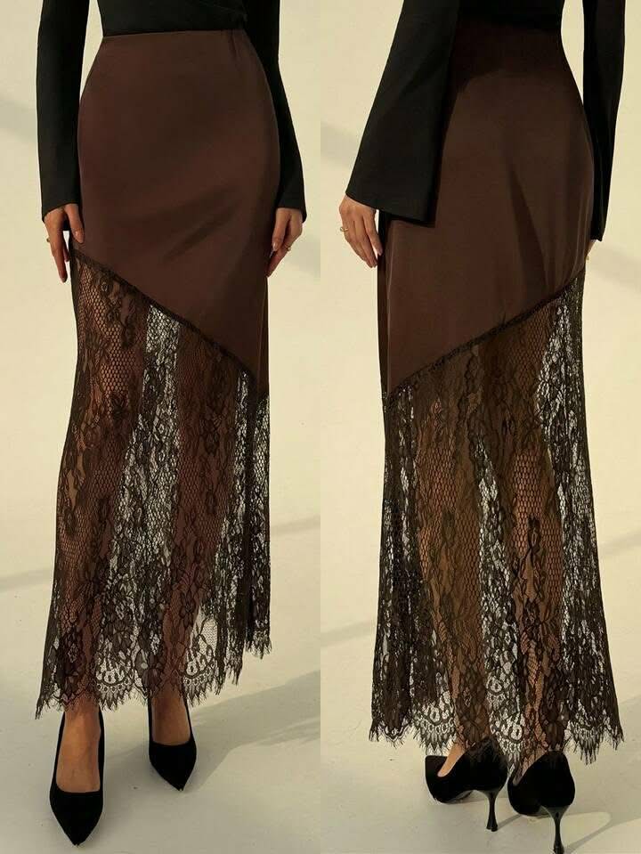 Brown Satin Lace Net Skirt