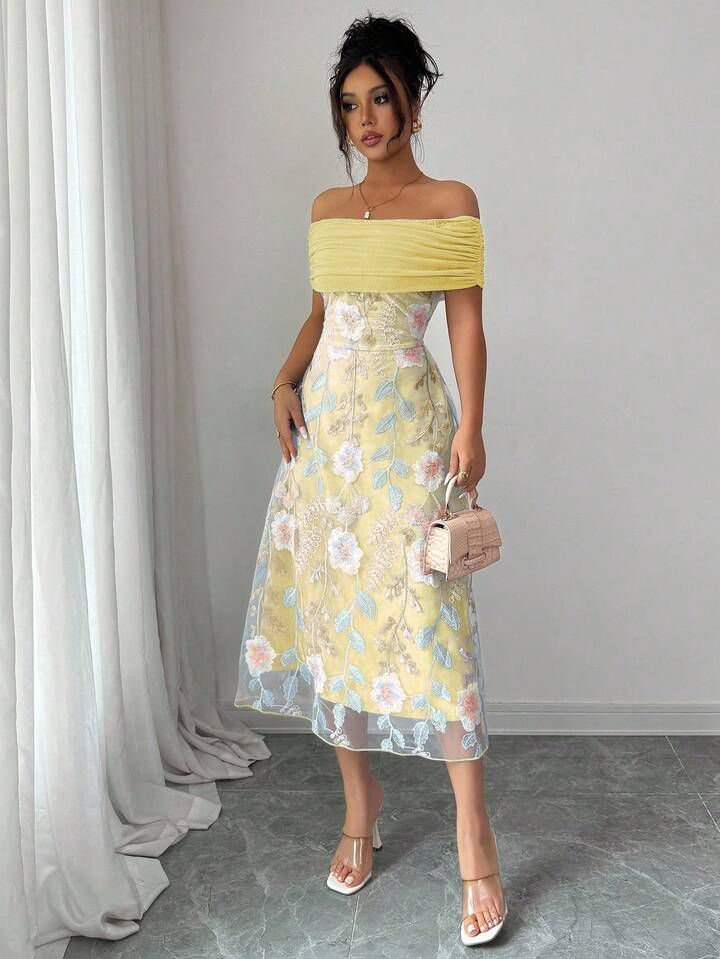 Yellow Floral Ruched Off Shoulder Dress