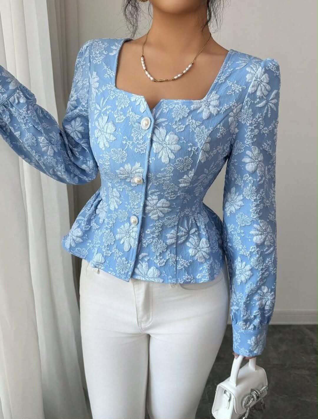 Jacquard Square Neck Floral Top
