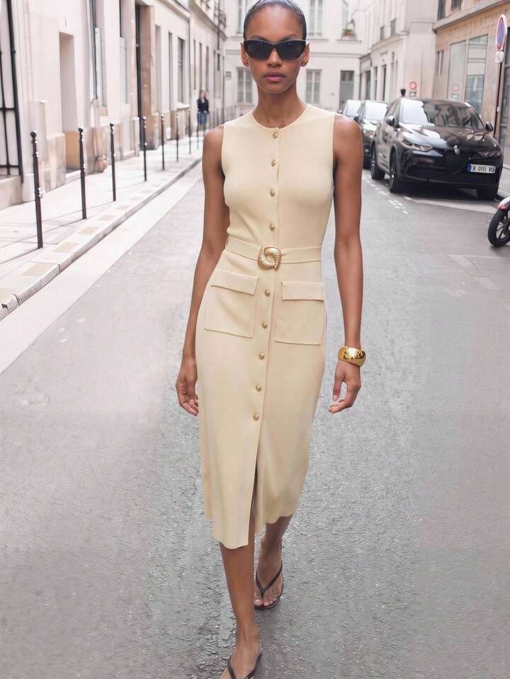 Beige Ruched Gold Belt Dress