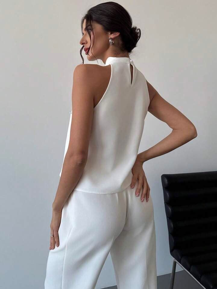 White Halter Neck Peak Decor Top