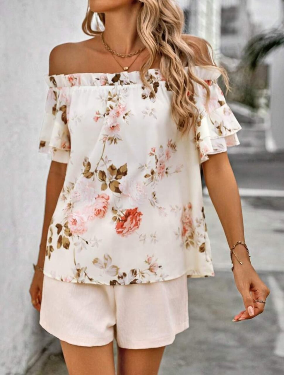 Floral Printed Off Shoulder Top & Shorts Set