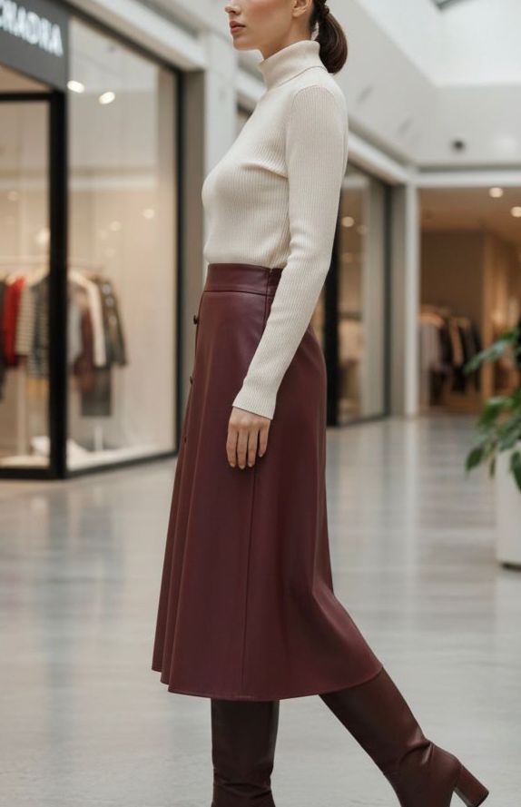 Maroon Leather Buttoned Mid Skirt