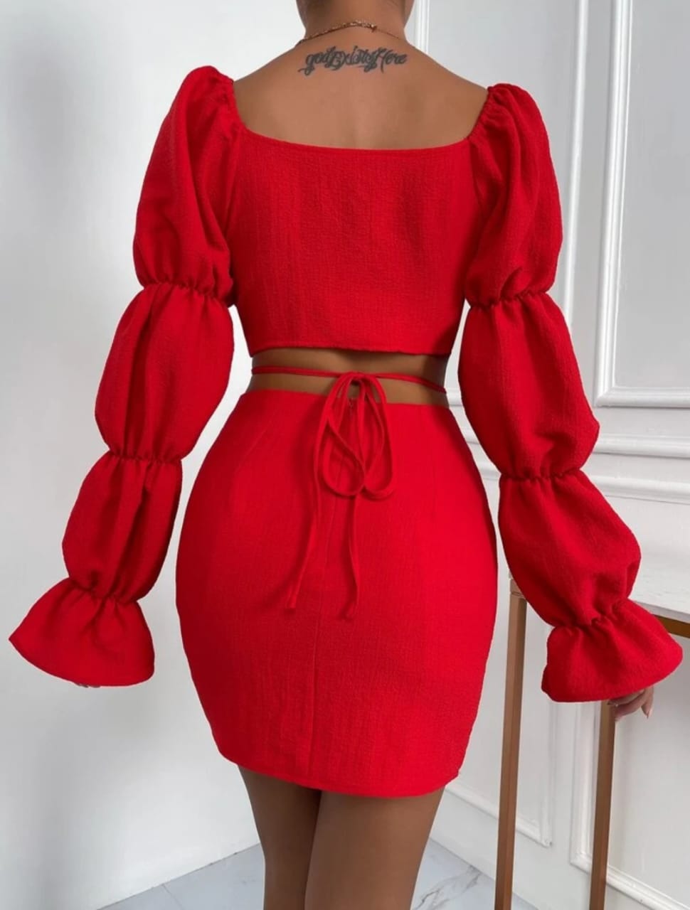 Cut Out Gathered Sleeve Top & Bodycon Skirt Set
