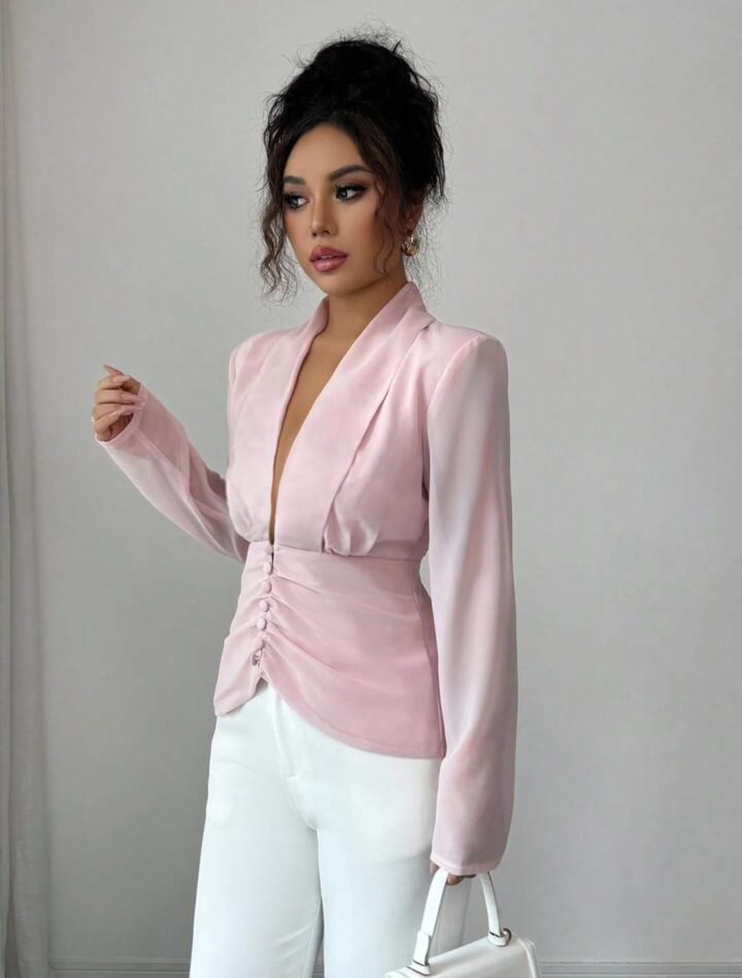 Deep V Neck Ruched Button Design Top