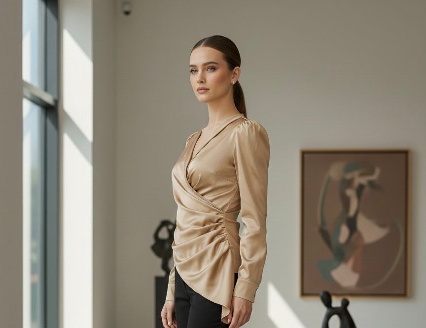 Golden Satin Front Pleated Blouse Top