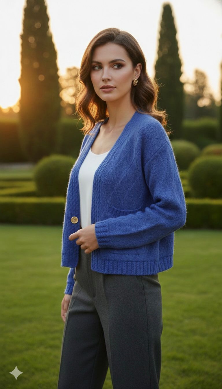 Royal Blue Knitted Buttoned Crop Cardigan
