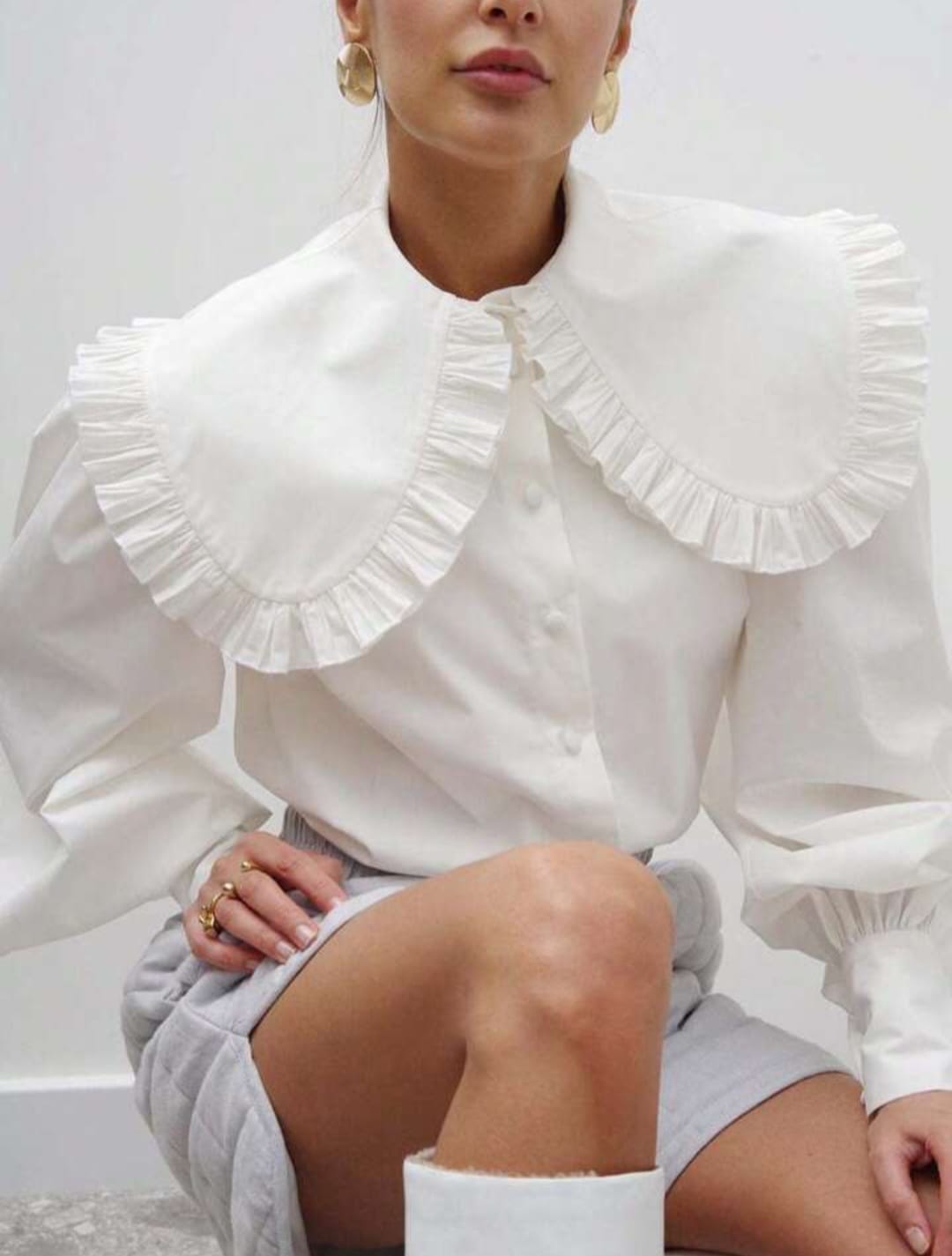 Exaggerated Puff Sleeve Dolly Collar Shirt