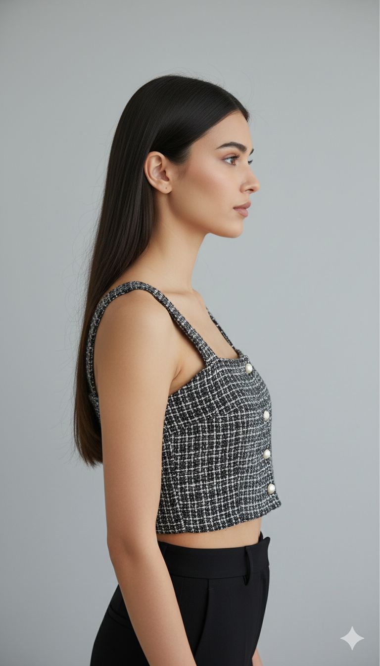 Formal Checked BW Buttoned Crop Top
