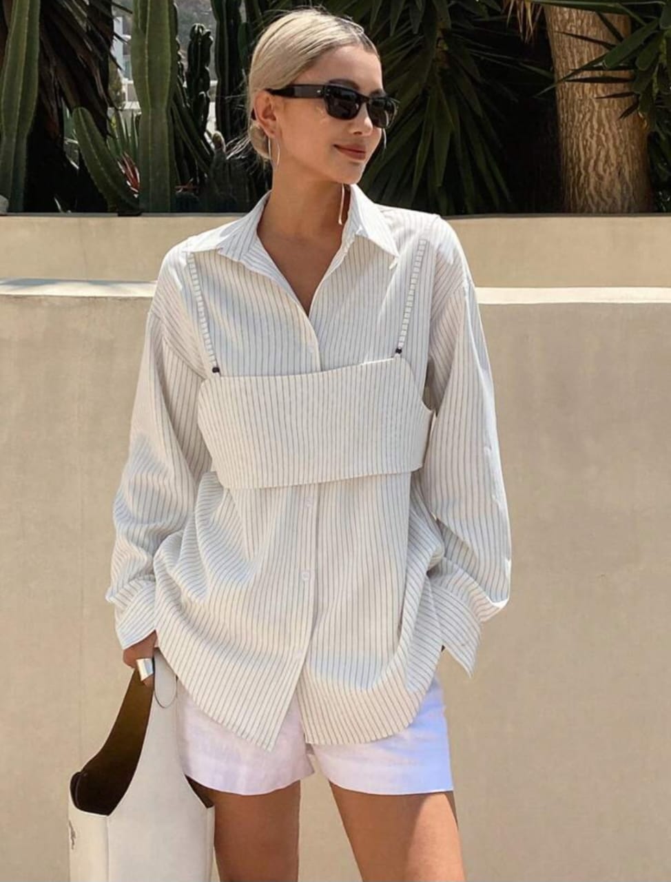 Loose Long Striped Camisole & Layered Shirt 2 Pieces Set