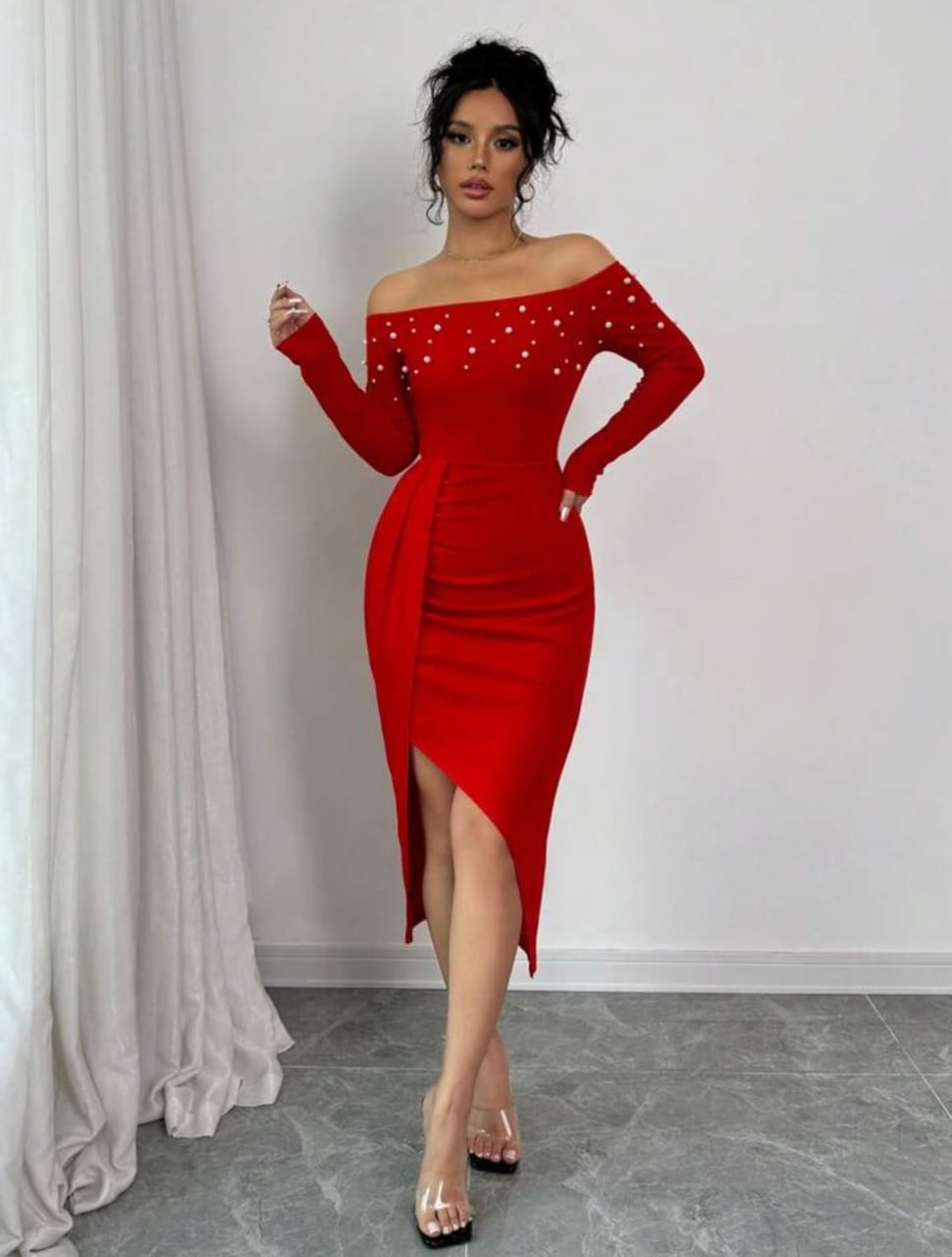 Open Shoulder High Slit Pearl Design Bodycon Dress