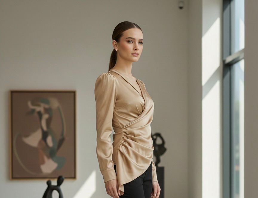 Golden Satin Front Pleated Blouse Top