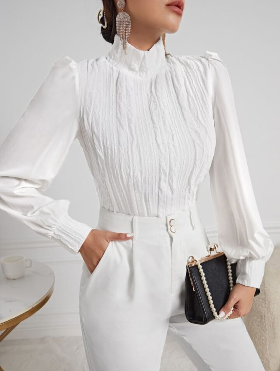 Mock Neck Lantern Sleeve Top